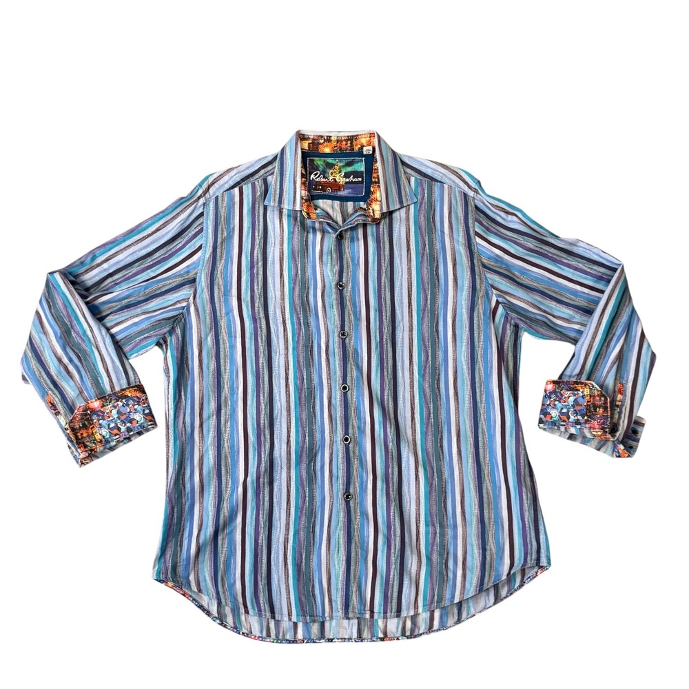 Robert Graham Button Down‎ Shirt Mens XL Blue Stripe Classic Fit flip cuff
